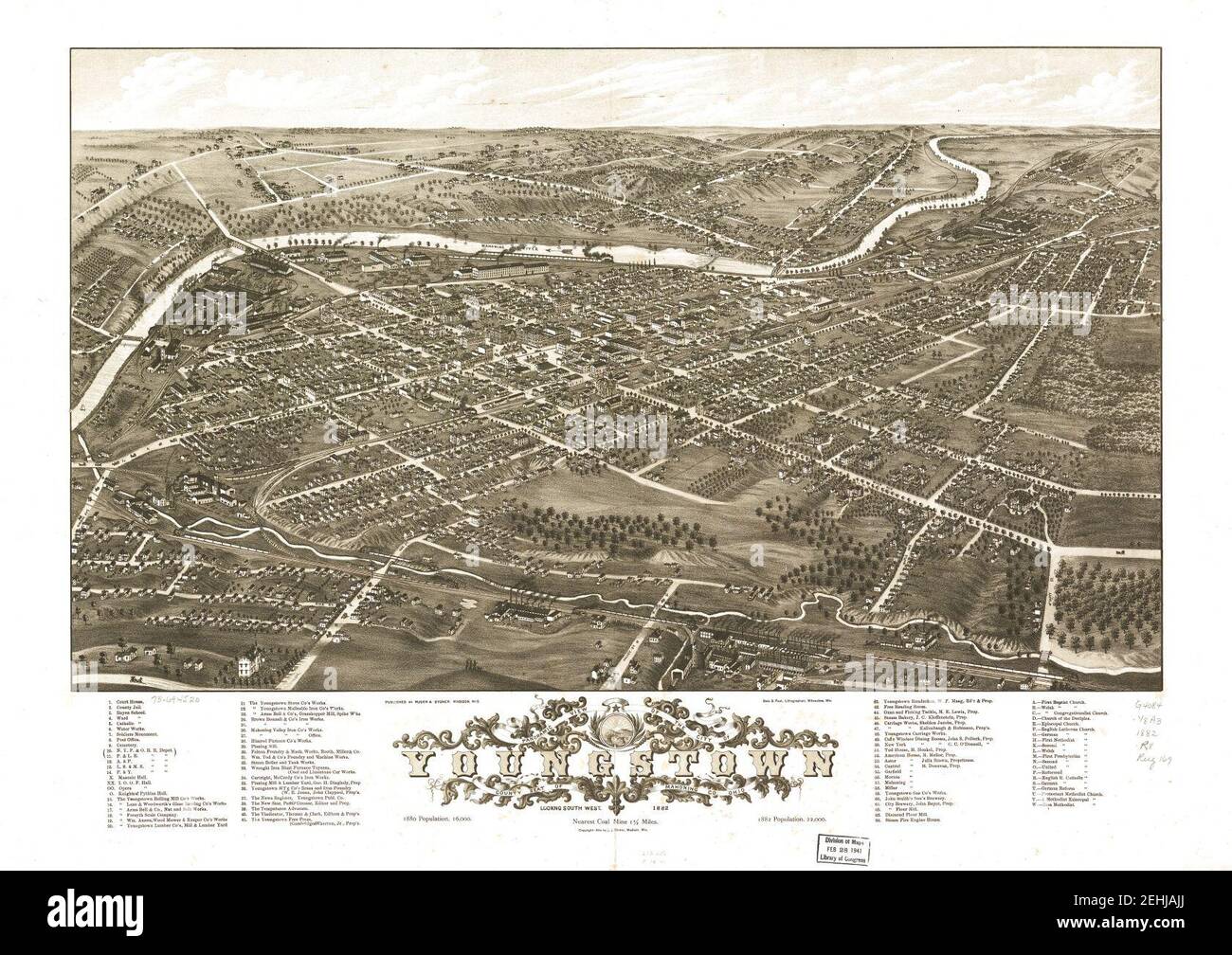 Vue panoramique de la ville de Youngstown, siège de comté de Mahoning Co., Ohio 1882. Banque D'Images