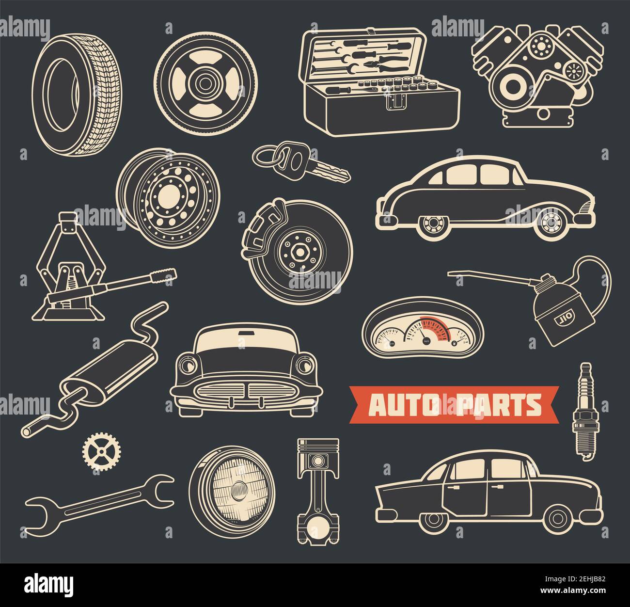 Icônes rétro des pièces de rechange et des pièces de rechange pour le  service de voiture. Moteur de véhicule, huile moteur et roue, frein d' automobile, batterie et piston, pneu, bougie d'allumage an