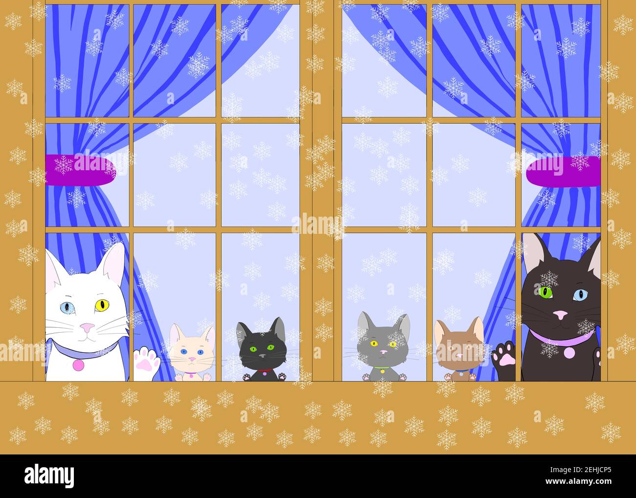 Dessin d'illustration de deux chats de dessin animé avec l'hétérochromie et quatre chatons divers peaking dehors à travers une fenêtre en bois brun avec des pattes sur le verre. E Banque D'Images