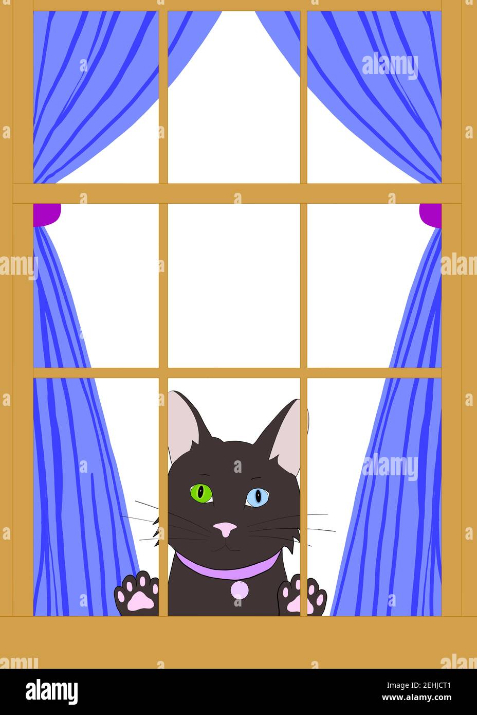Dessin d'illustration d'un chat noir de dessin animé avec l'hétérochromie peaking à travers une fenêtre en bois brun avec des pattes sur le verre. Regarder le spectateur longi Banque D'Images