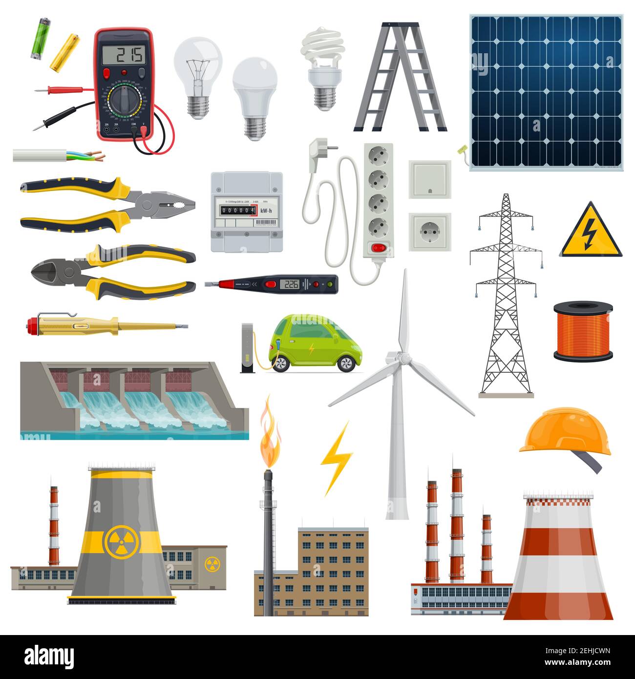 Icônes de l'industrie de l'électricité et de l'électricité. Ampoule, fiche et douille, batterie, panneau solaire, éolienne et pylône, tournevis, câble et pince, électr Illustration de Vecteur