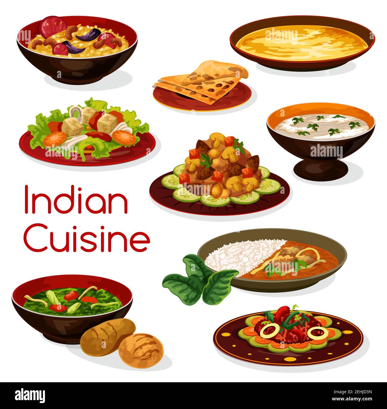 Cuisine indienne plats au curry, servis avec du riz au citron et du pain pita, ragoût aux épinards, soupe aux amandes et aux lentilles de poulet, fromage frit et champignons Illustration de Vecteur