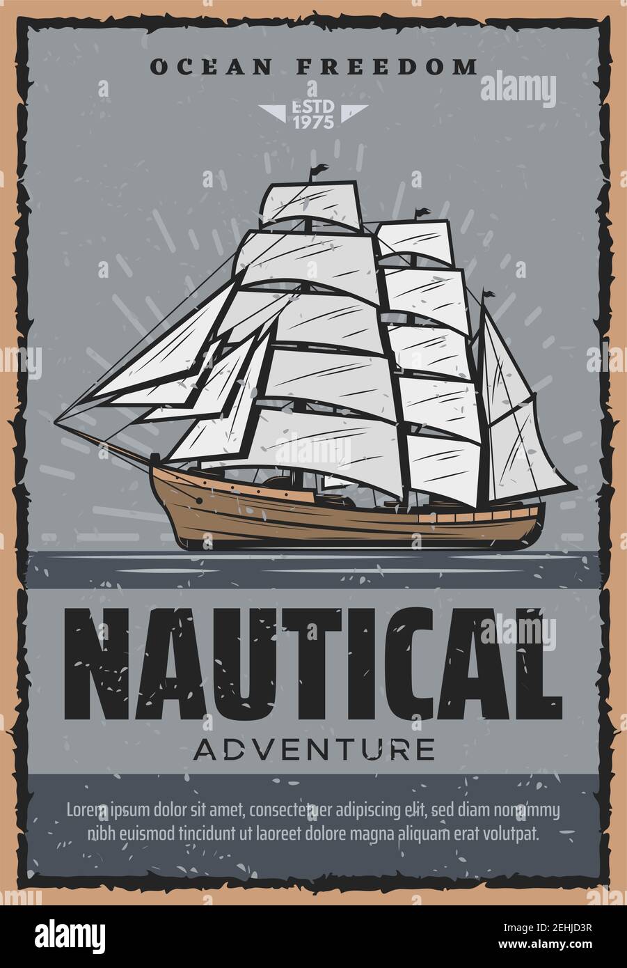 Bateau nautique avec affiche rétro de voyage marin voiles. Voilier dans les eaux océaniques symbole de l'aventure et de la liberté, étiquette pour le design maritime aquatique. Se Illustration de Vecteur