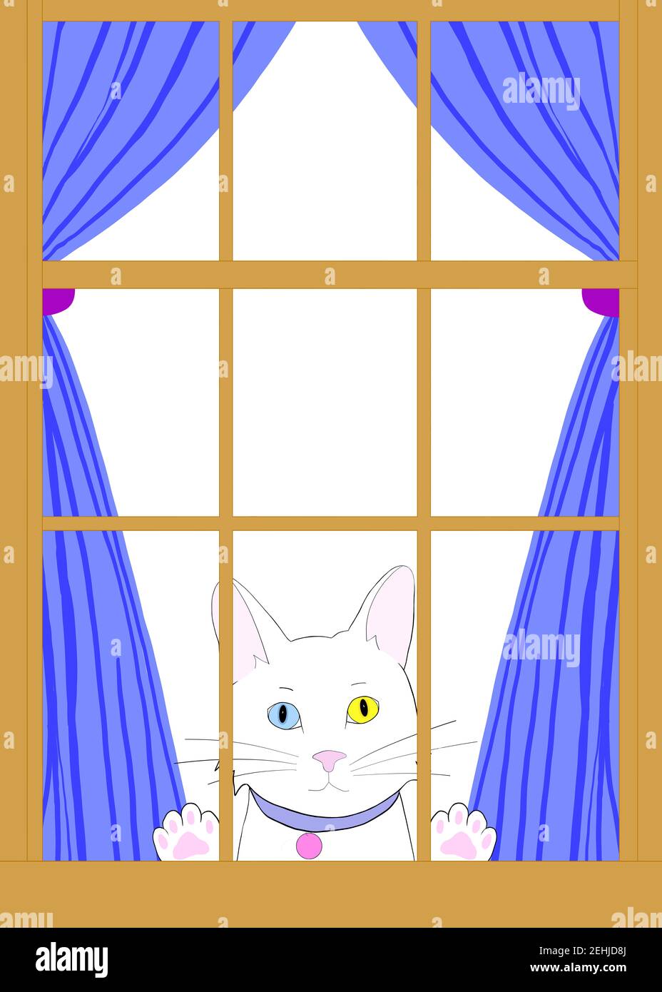 Dessin d'illustration d'un chat blanc de dessin animé avec l'hétérochromie peaking à travers une fenêtre en bois brun avec des pattes sur le verre. Regarder le spectateur longi Banque D'Images