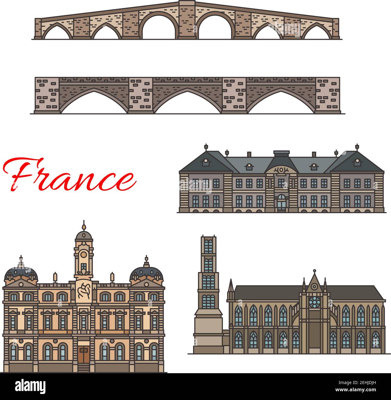 Voyages monuments de l'architecture française pour le design du tourisme européen. Hôtel de ville de Lyon, Cathédrale de Montpellier et Musée municipal, ponts de Limoges de St Illustration de Vecteur