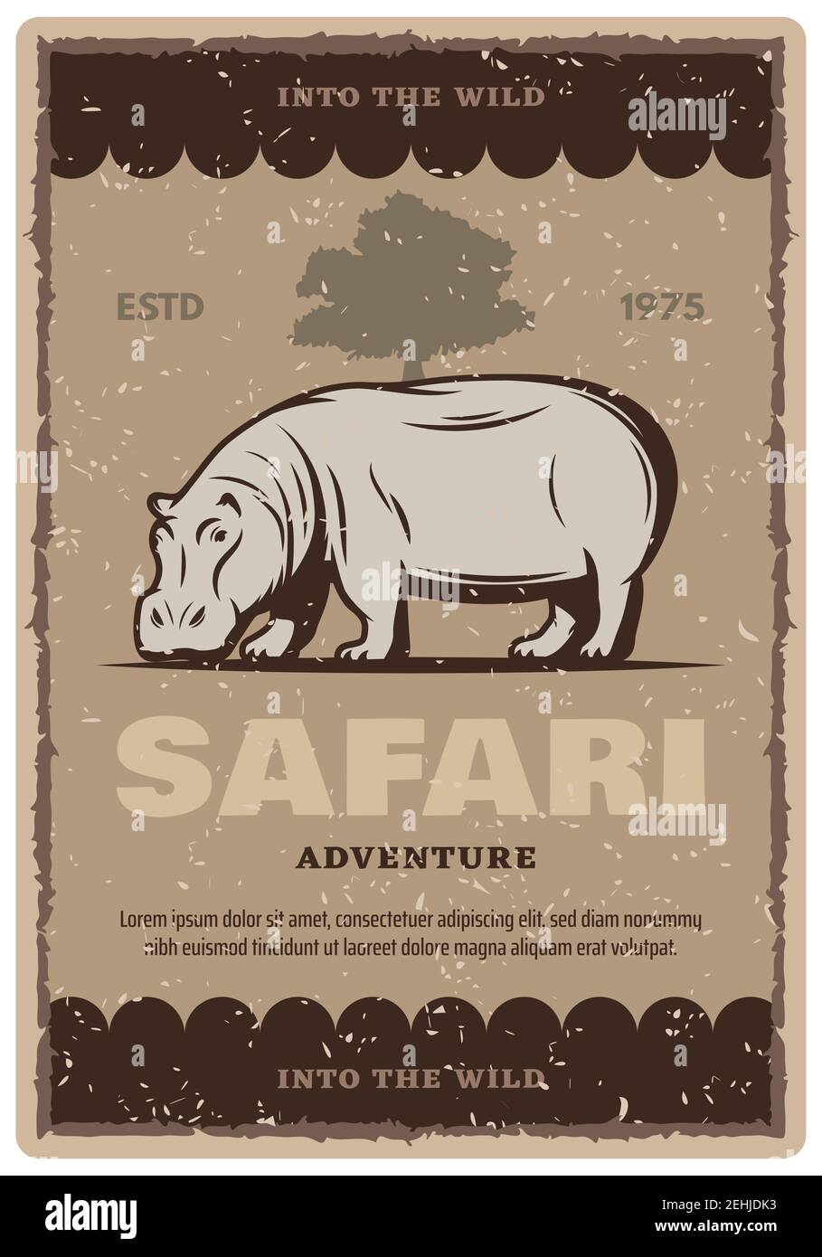Bannière grunge vintage safari africain pour une visite d'aventure ou un modèle de sport de chasse. Motif poster rétro sur le paysage de la savane et des animaux sauvages de l'hippopotame, Illustration de Vecteur