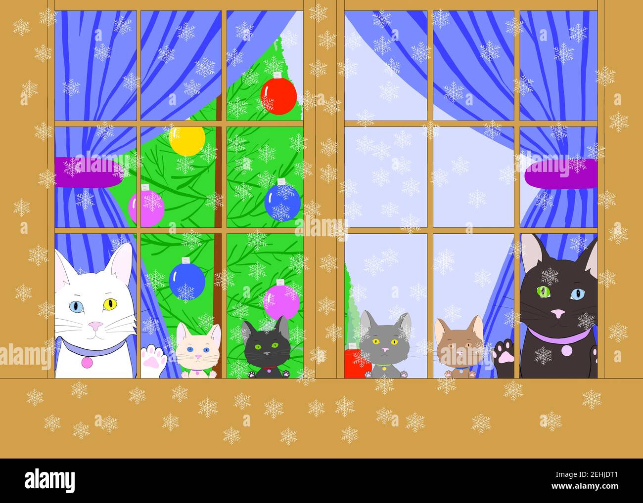 Dessin d'illustration de chats de dessins animés avec hétérochromie et divers chatons peaking dehors à travers une fenêtre de bois marron, des pattes sur le verre. Enchâlées par t Banque D'Images