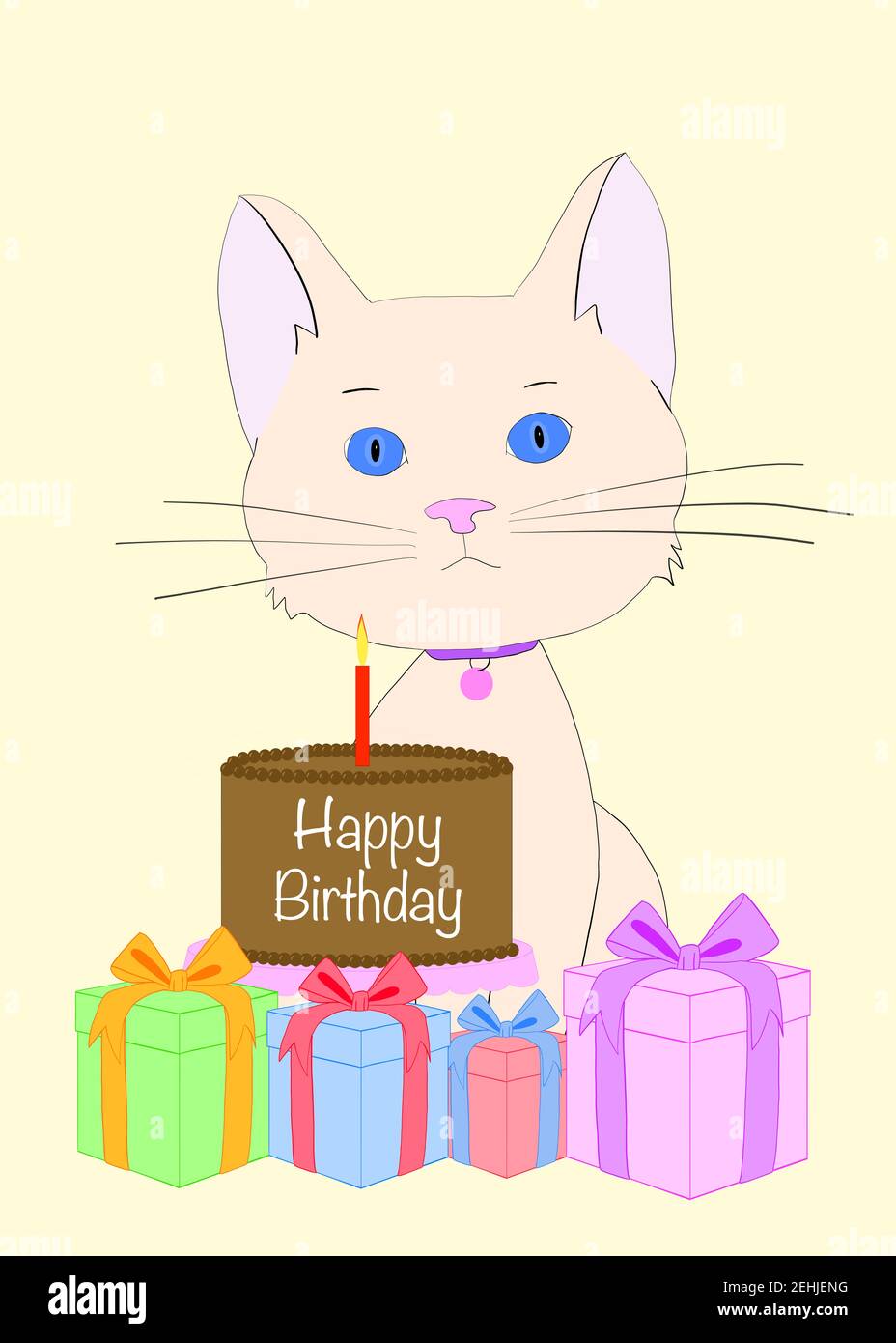 Illustration Dessin A La Main D Un Chaton De Dessin Anime De Couleur Creme Portant Un Chapeau De Fete Assis Derriere Un Gateau De Chocolat Avec Une Bougie Rouge Allumee Joyeux Anniversaire Photo