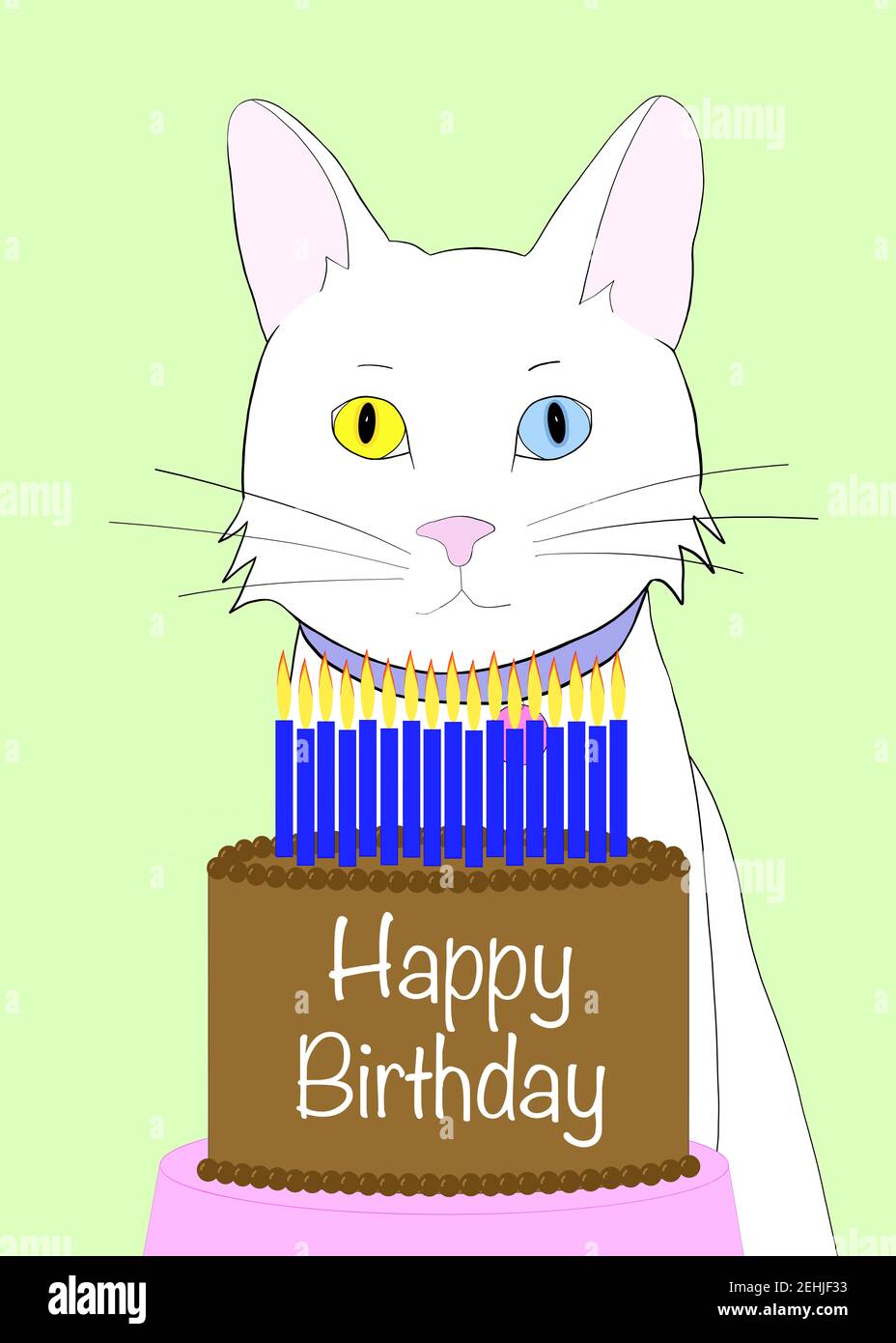 Illustration Dessin A La Main D Un Chat De Dessin Anime Blanc Avec L Heterochromie Assis Derriere Un Gateau Au Chocolat Avec Beaucoup De Bougies Bleues Brulant Joyeux Anniversaire Photo Stock Alamy