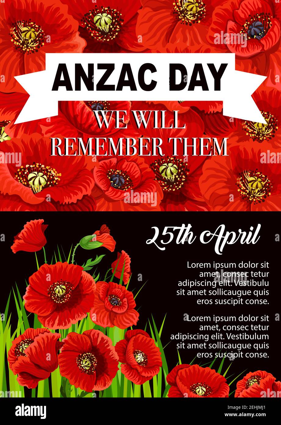 Affiche de fleurs de pavot d'Anzac Day pour le 25 avril de l'anniversaire du souvenir du corps d'armée australien et néo-zélandais. Mémorial des soldats et des vétérans de la guerre mondiale ca Illustration de Vecteur