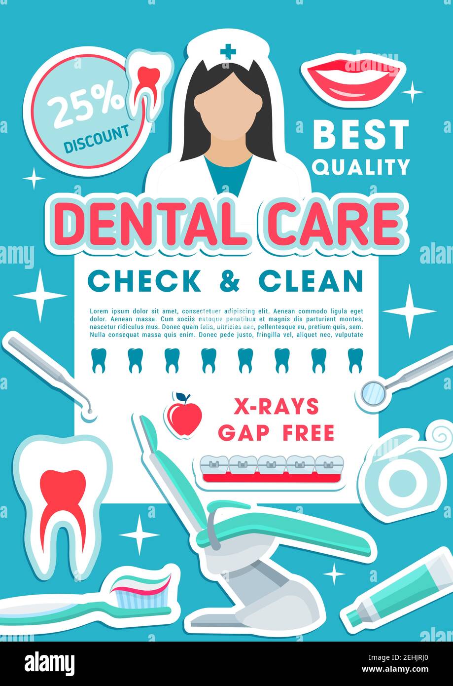 Affiche de promotion des soins dentaires, de l'hygiène bucco-dentaire et du  traitement des caries. Bannière de médecine dentaire avec outil dentiste, t  Image Vectorielle Stock - Alamy