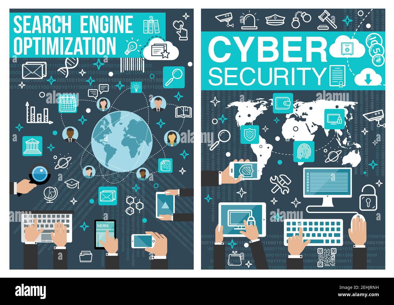 Optimisation de Search Engine ou SEO et Internet cyber sécurité poster. Conception vectorielle de la technologie en ligne pour le cloud Web, le partage de fichiers utilisateur sécurisé et g Illustration de Vecteur