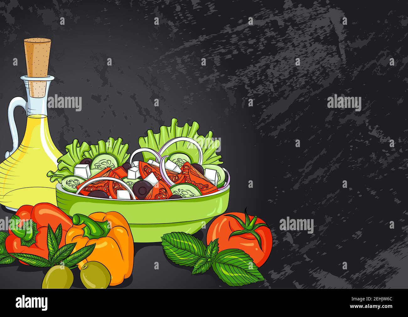 Modèle d'affiche. Illustration vectorielle encore vie avec de la salade grecque, de l'huile d'olive et des légumes sur fond de grunge noir. Café, restaurant et bar Illustration de Vecteur