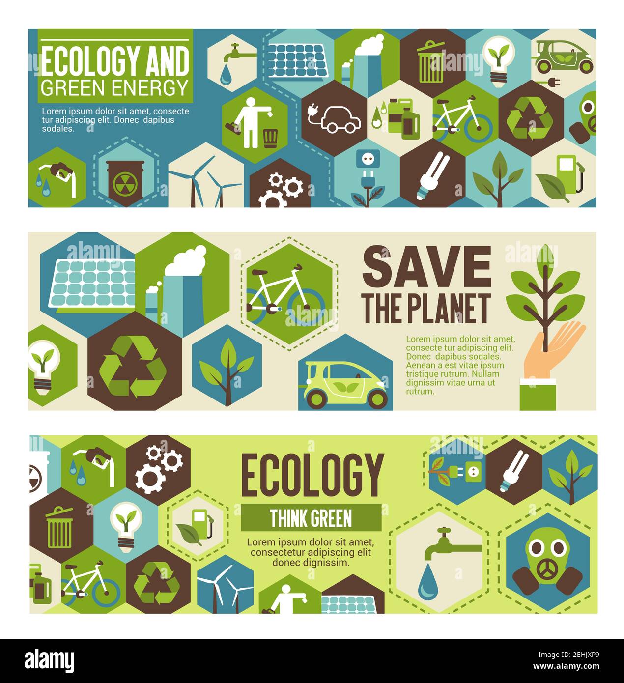 Modèle de bannière écologique et écologique. Poster concept de protection  de l'environnement Word avec symbole plat de recyclage, éolienne et panneau  solaire, gr Image Vectorielle Stock - Alamy