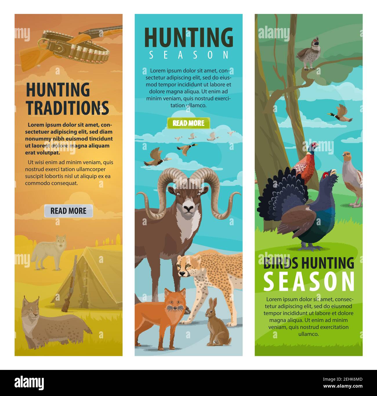 Sport de chasse, animal sauvage, oiseau et équipement. Canard, safari africain jaguar et loup forestier, lynx, renard et lièvre, tétras, faisan et caille, huntsman Illustration de Vecteur