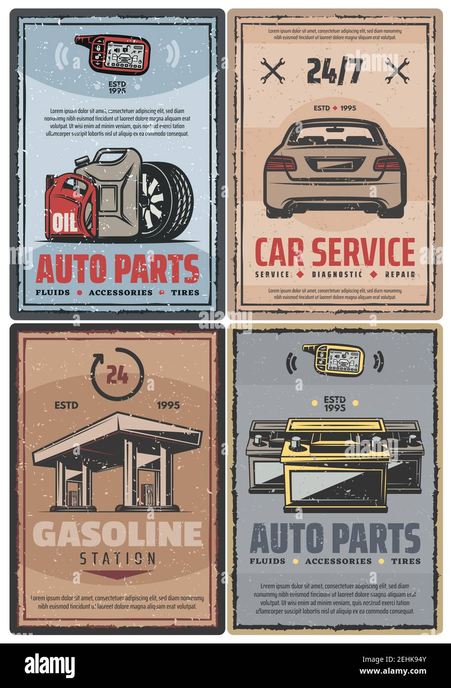 Affiches rétro sur les voitures et les services automobiles. Conception vintage Vector pour la réparation mécanique et station essence ou essence, installation de sécurité d'alarme de garage, pneu Illustration de Vecteur