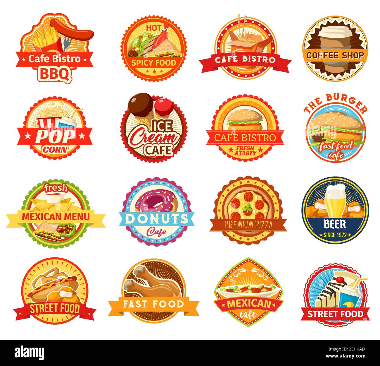 Icônes de restauration rapide. Hamburger, pizza et frites, beignet, hot dog et soda, crème glacée, nuggets de poulet et tacos mexicains, nachos et pop-corn. Sho café Illustration de Vecteur