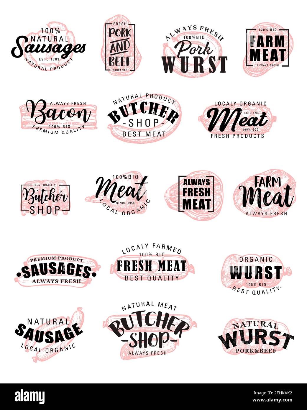 Le butcher sketch lettering pour la viande et les produits de saucisses. Vector calligraphie wurst de porc et de boeuf ou delicatessen de beefsteak ou barbecue bisket et o Illustration de Vecteur