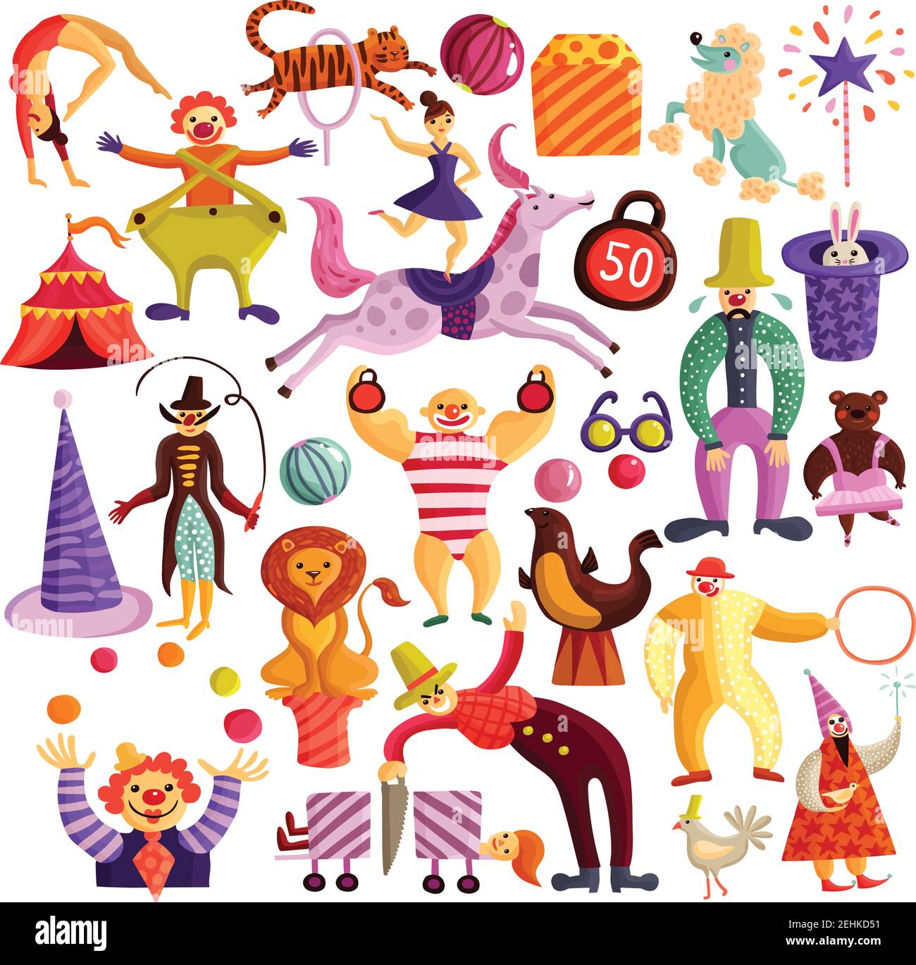 Cirque décoratif icônes colorées avec tente rouge, clowns, acrobates, jongleur, magiciens, illustrations vectorielles isolées d'animaux entraînés Illustration de Vecteur