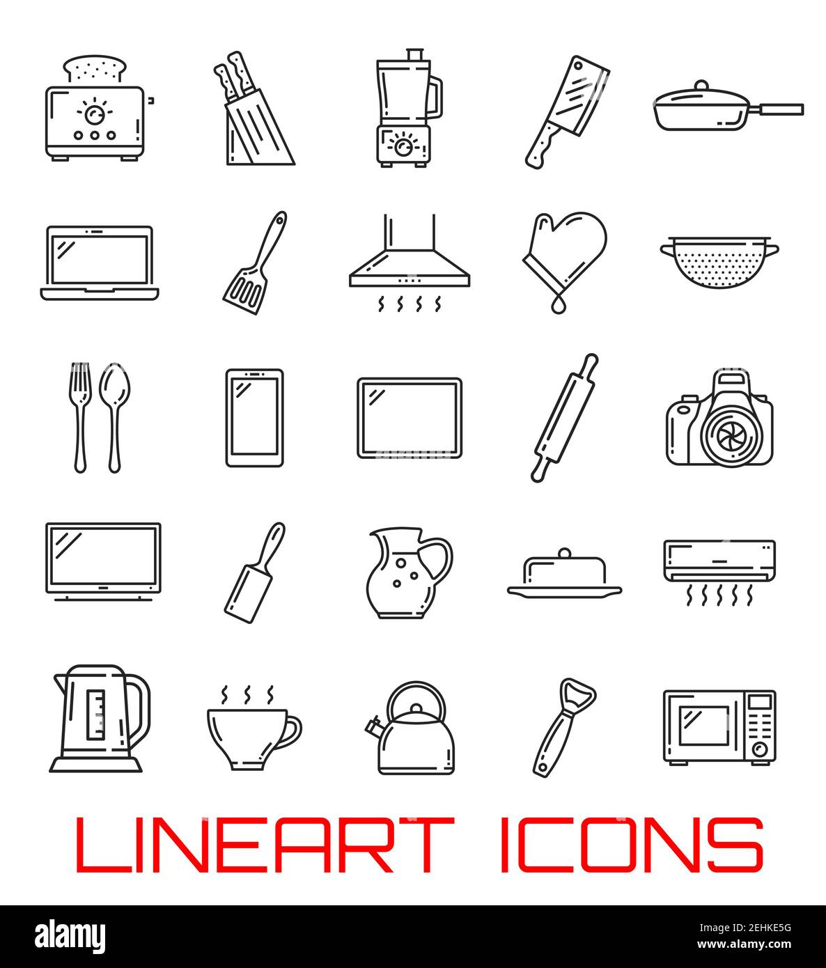Icônes d'ustensiles ménagers et d'appareils électroniques. Couverts de cuisine, grille-pain ou mixeur et grille Vector, appareil photo ou tablette pour smartphone, air cond Illustration de Vecteur