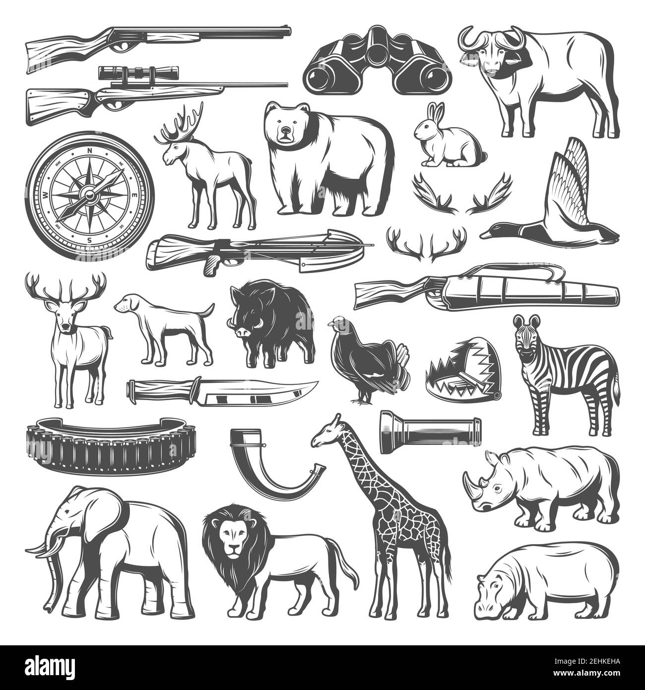 Équipement de chasse et icônes d'animaux sauvages. Fusil vecteur, zébra et girafe, éléphant et rhinocéros, canard et élan, crossbow et piège, ours et buffle, Illustration de Vecteur