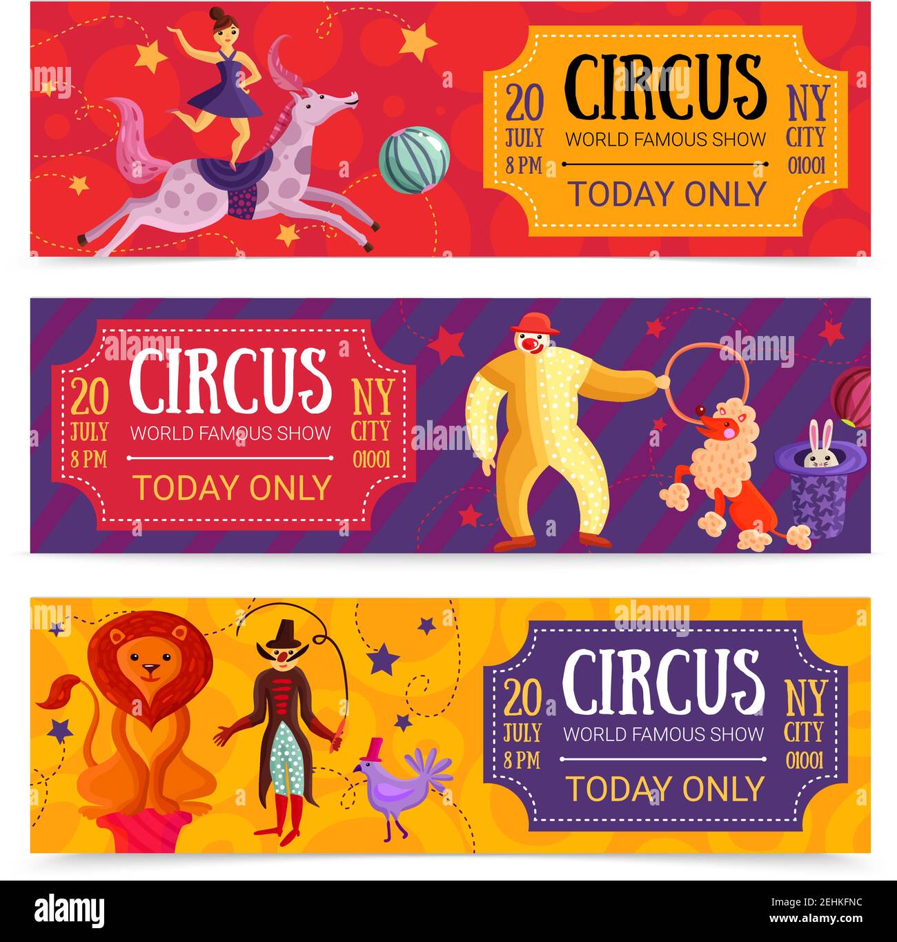 Série de banderoles horizontales avec girl rider, clown, animaux sur fond coloré illustration vectorielle isolée Illustration de Vecteur