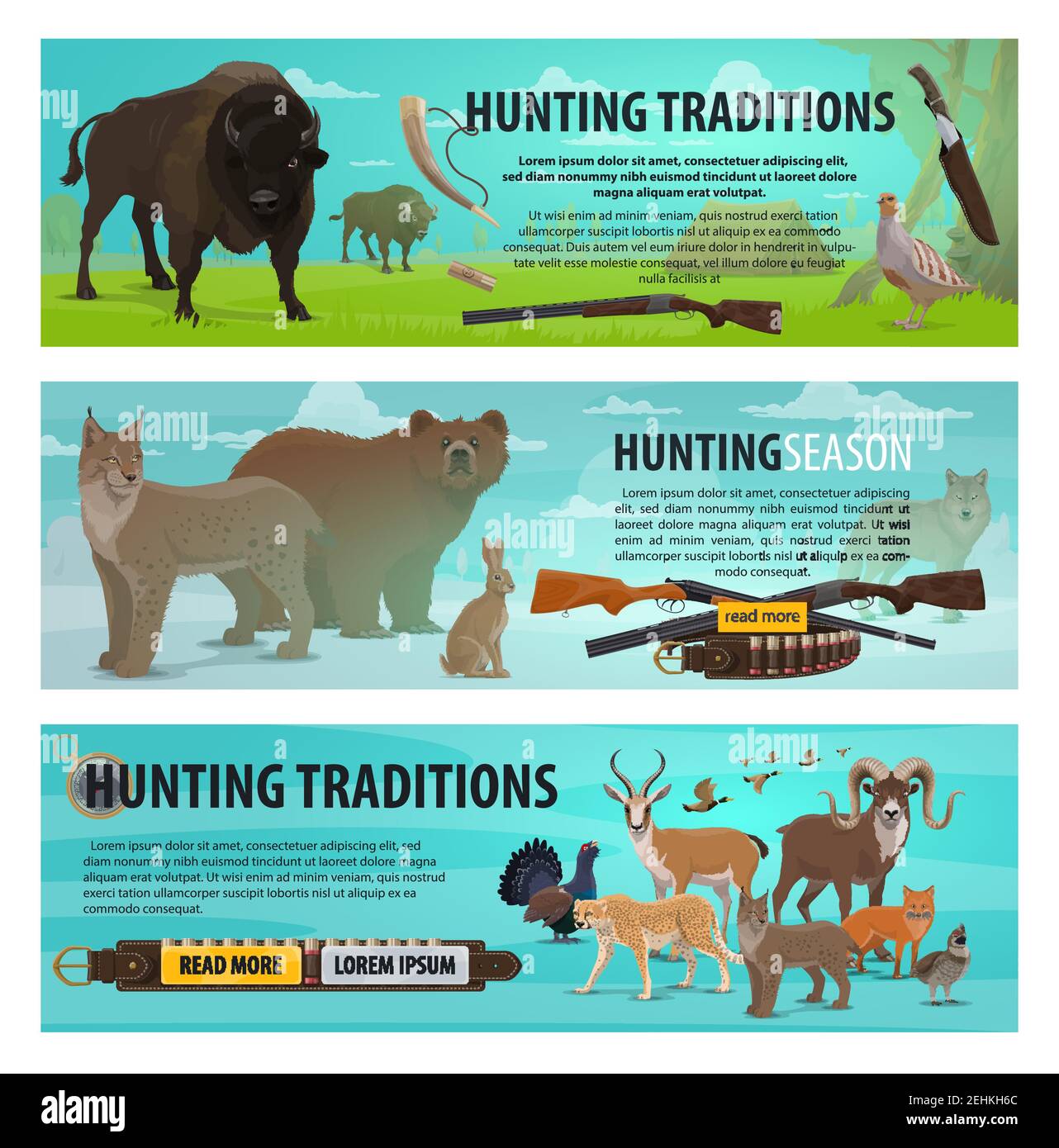 Sport de chasse, animaux et oiseaux. Ours, loup et canard, jaguar africaine, lynx et renard, bison, lièvre et antilope, tétras, caille et faisan, chasseur ribl Illustration de Vecteur