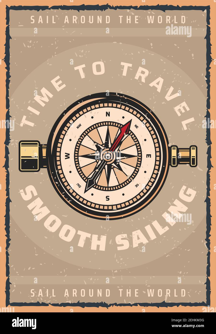 Affiche rétro de voyage et de voile de compas de navigation ou de rose nautique. Motif vectoriel vintage pour un voyage en bateau ou en bateau et le monde océanique s Illustration de Vecteur