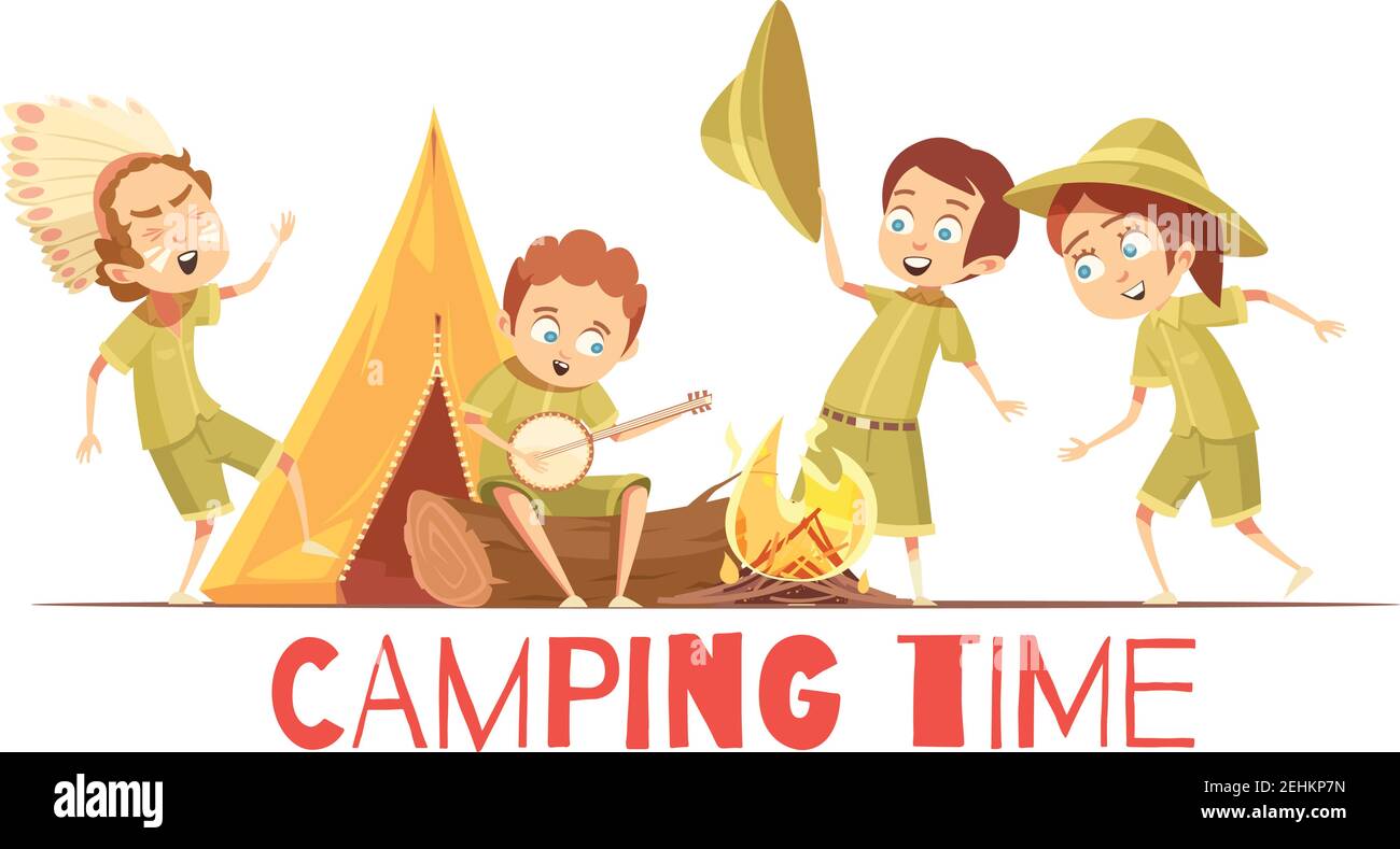 Garçons scouts camp d'été activités affiche de dessin animé rétro avec jouer illustrations vectorielles de chansons de feu de camp indiennes et chantantes Illustration de Vecteur
