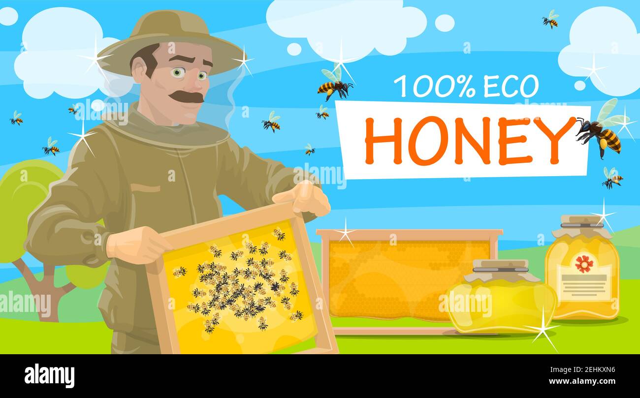 Apiculteur au miel dans un ensemble de protection tenant le nid d'abeille dans les mains. Pots de miel naturel et vecteur d'abeilles volantes. Beemaster ou Beekeeper à la prise apiaire Illustration de Vecteur