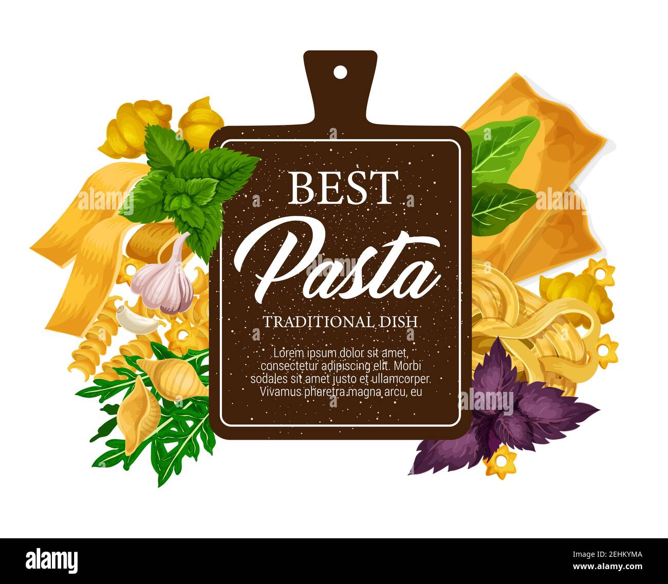 Affiche de pâtes et menu de restaurant avec cuisine italienne. Vecteur fettuccine ou farfalle et tagliatelle, lasagnes traditionnelles ou raviolis avec verdure Illustration de Vecteur