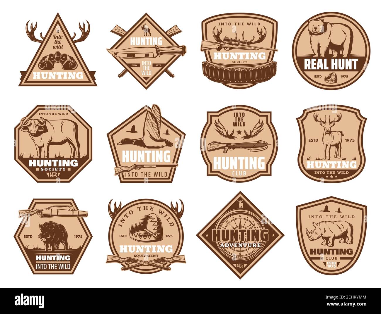 Badges de club de chasse ou de société d'animaux sauvages pour la chasse en saison ouverte. Icônes vectorielles de fusil de chasse, ours ou wapiti et cerf, porc ou sanglier, canard an Illustration de Vecteur