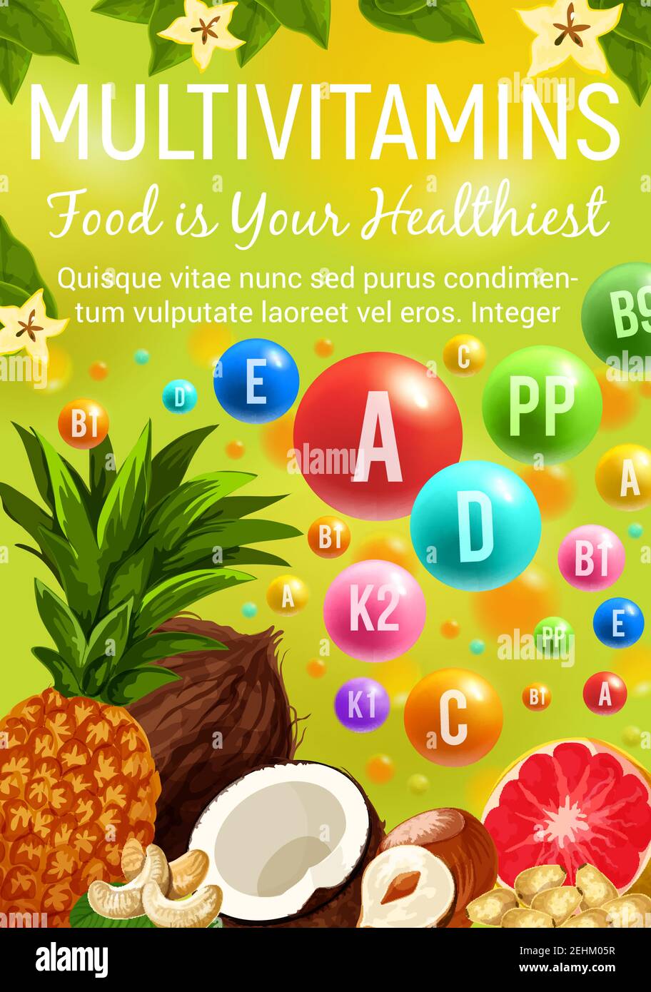 Multivitamine aliments sains fruits et noix. Pilules de vitamines et de minéraux vectoriels en ananas ou pamplemousse agrumes, noix de coco ou noisettes et arachides ou ca Illustration de Vecteur