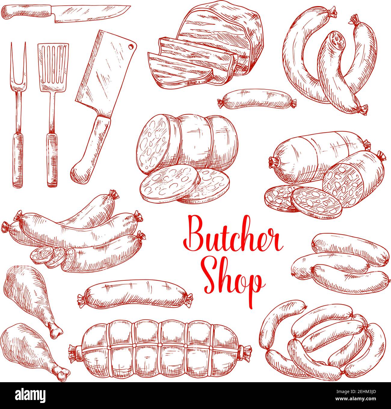Boucherie produits de viande vecteur isolé croquis icônes. Boucherie gourmande et gastronomie brats et saucisses de francfort. Jambon ou hamon et Illustration de Vecteur