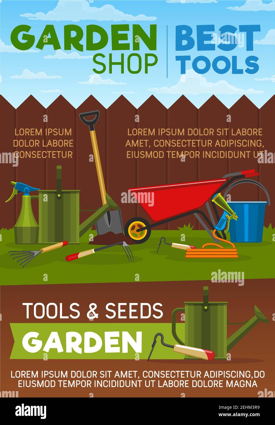 Boutique de jardinage outils, articles, semences et matériel agricole. Pelle, arrosoir et flexible, seau, fourche et brouette, fourche, pulvérisateur et Illustration de Vecteur