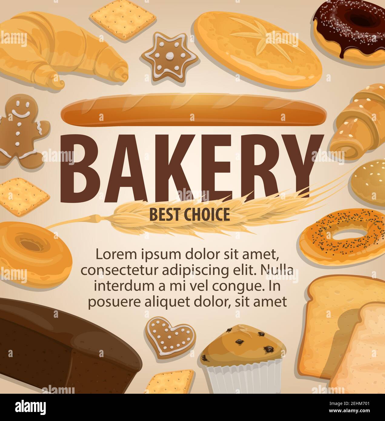 Affiche de pain pour la boulangerie ou la pâtisserie. Bagel de blé vectoriel, croissant de seigle ou ciabatta et beignet de céréales avec chocolat, biscuit de pain d'épice ou muffi Illustration de Vecteur