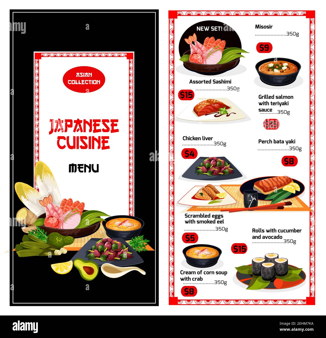 Menu De Cuisine Japonaise Misosir Et Sashimi Saumon Grille Au Teriyaki Et Foie De Poulet Perche Bata Yaki Et œufs Brouilles A L Anguille Roules Avec De L Humour Image Vectorielle Stock Alamy