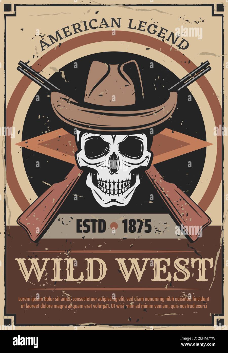 Affiche rétro Wild West pour la légende de l'histoire américaine. Squelette de vecteur vintage crâne dans le cowboy ou shérif chapeau et fusils de fusil pour les morts ou vivants recherchés et Illustration de Vecteur