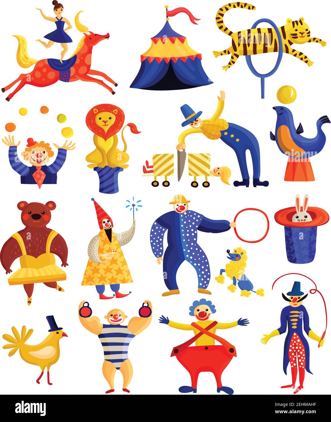 Collection d'artistes de cirque, y compris le cavalier, les clowns, les illusionnistes avec des tours, l'homme fort, les animaux entraînés illustration de vecteur isolé Illustration de Vecteur