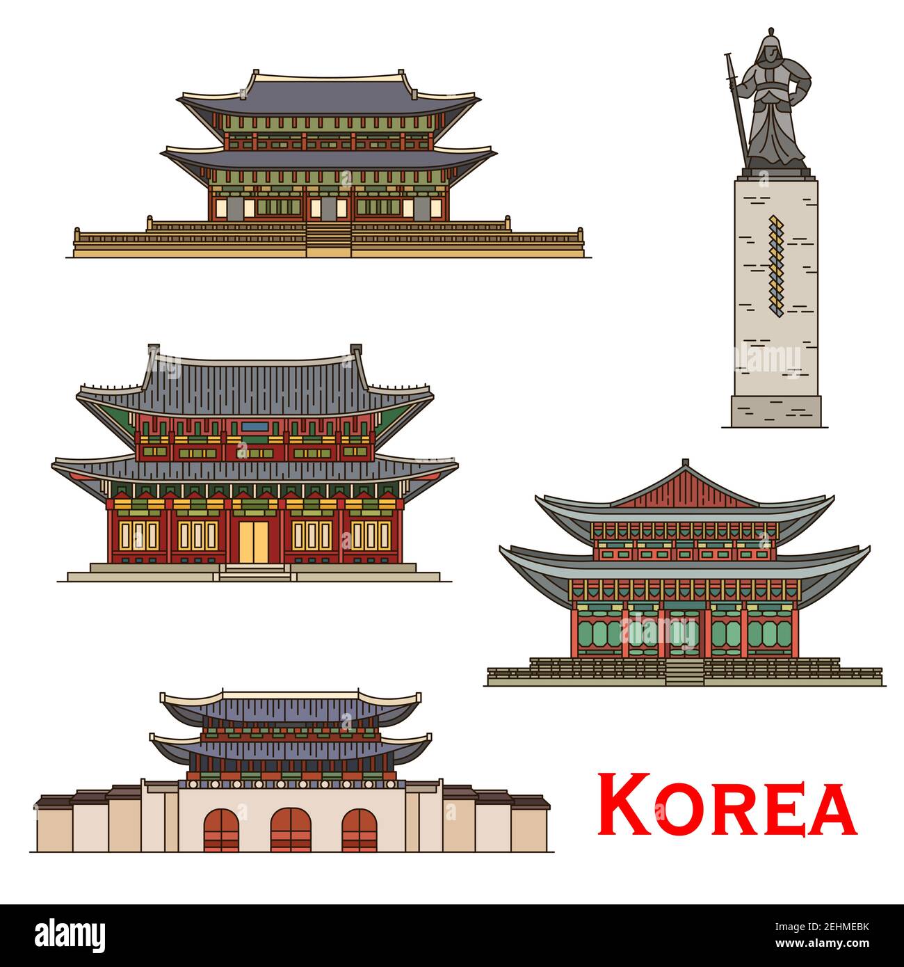Corée célèbre architecture et bâtiments historiques traditionnels façades. Palais vectoriels de Changdeokgung ou Changdeok, Deoksugung ou Deoksu, Gwanghwamun Illustration de Vecteur