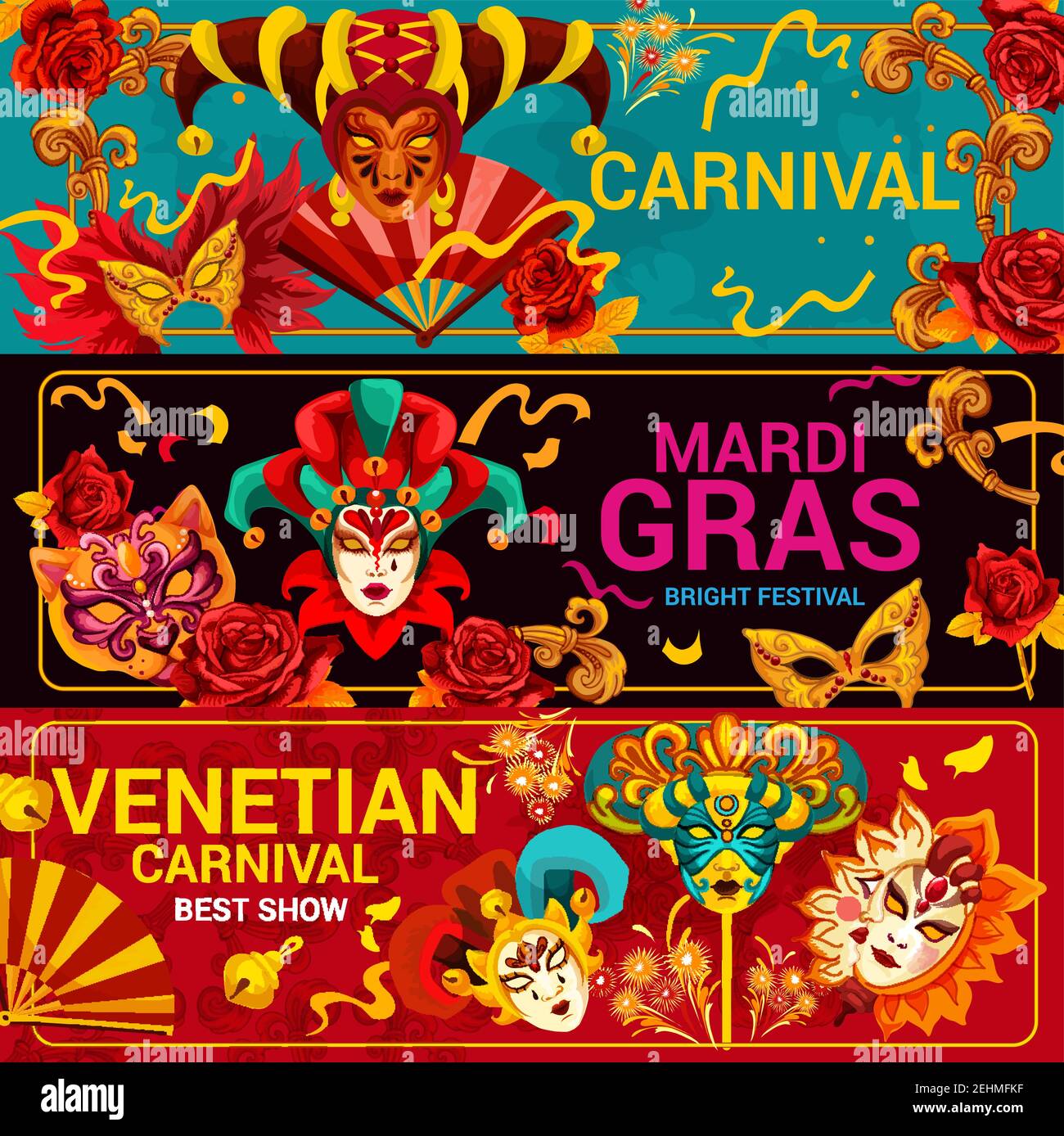 Festival Mardi gras et masques de carnaval vénitien. Mascarade de Venise traditionnelle vectorielle avec motif arlequin orné et visage humain mystère avec voile A. Illustration de Vecteur