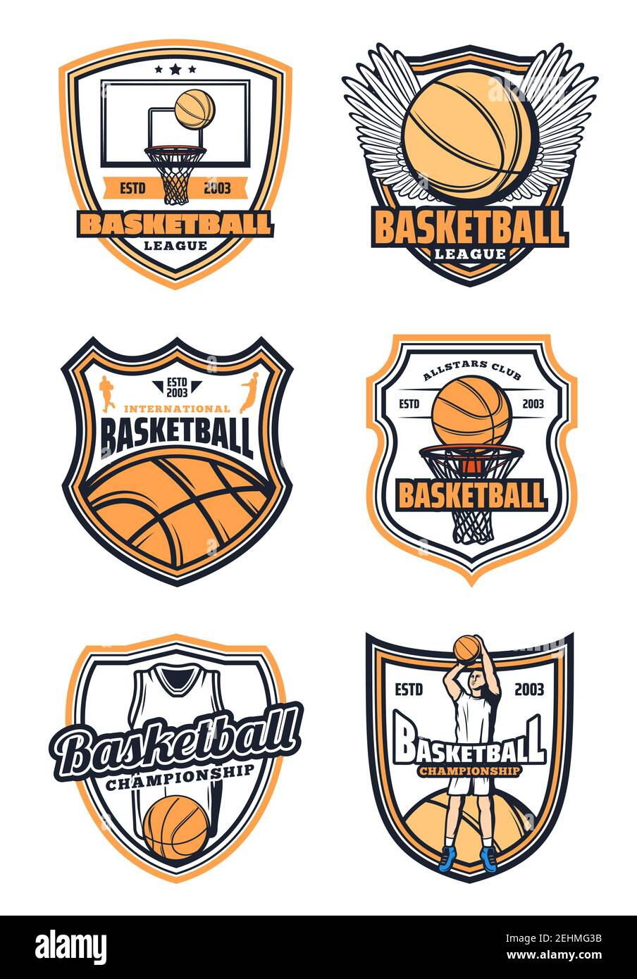 Badges de club de basket-ball ou icônes de sports d'équipe d'université. Vector isolé joueur de basket-ball homme avec balle et ailes de victoire, coupe et étoiles. Sport gam Illustration de Vecteur