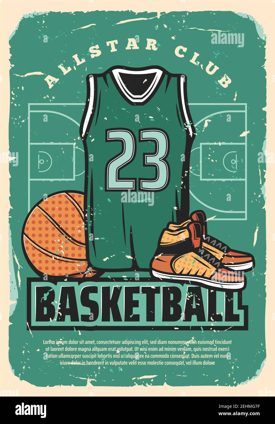 Affiche rétro du club de basket-ball ou de l'équipe universitaire et de la  ligue sportive. Motif vectoriel vintage représentant un maillot de corps,  un ballon et des chaussures de basket-ball sur l'arène