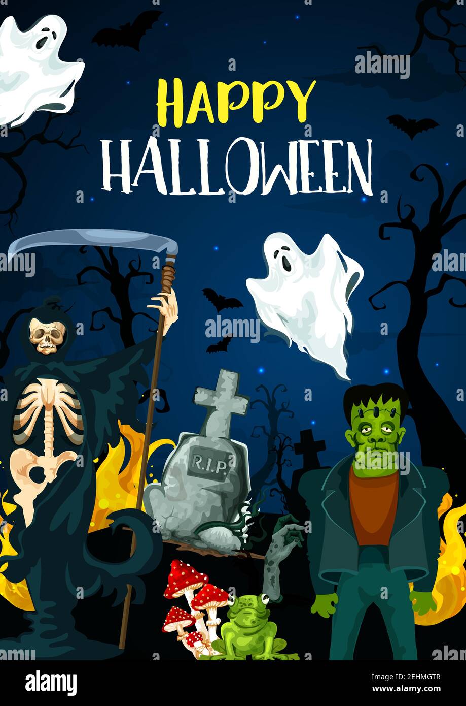 Carte de vœux Happy Halloween pour la fête des monstres. Dessin animé vectoriel de fantômes, mort ou vampire et zombie main ou monstres dans la forêt o Illustration de Vecteur