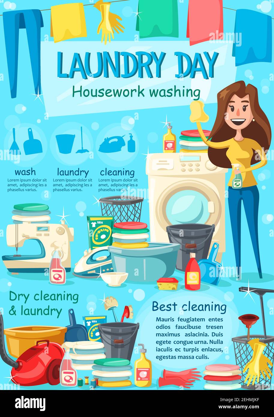 Poster de blanchisserie femme au foyer et machine à laver, détergent et linge frais lavé. Vector ménage lavage et fer à repasser, aspirateur et couture m Illustration de Vecteur