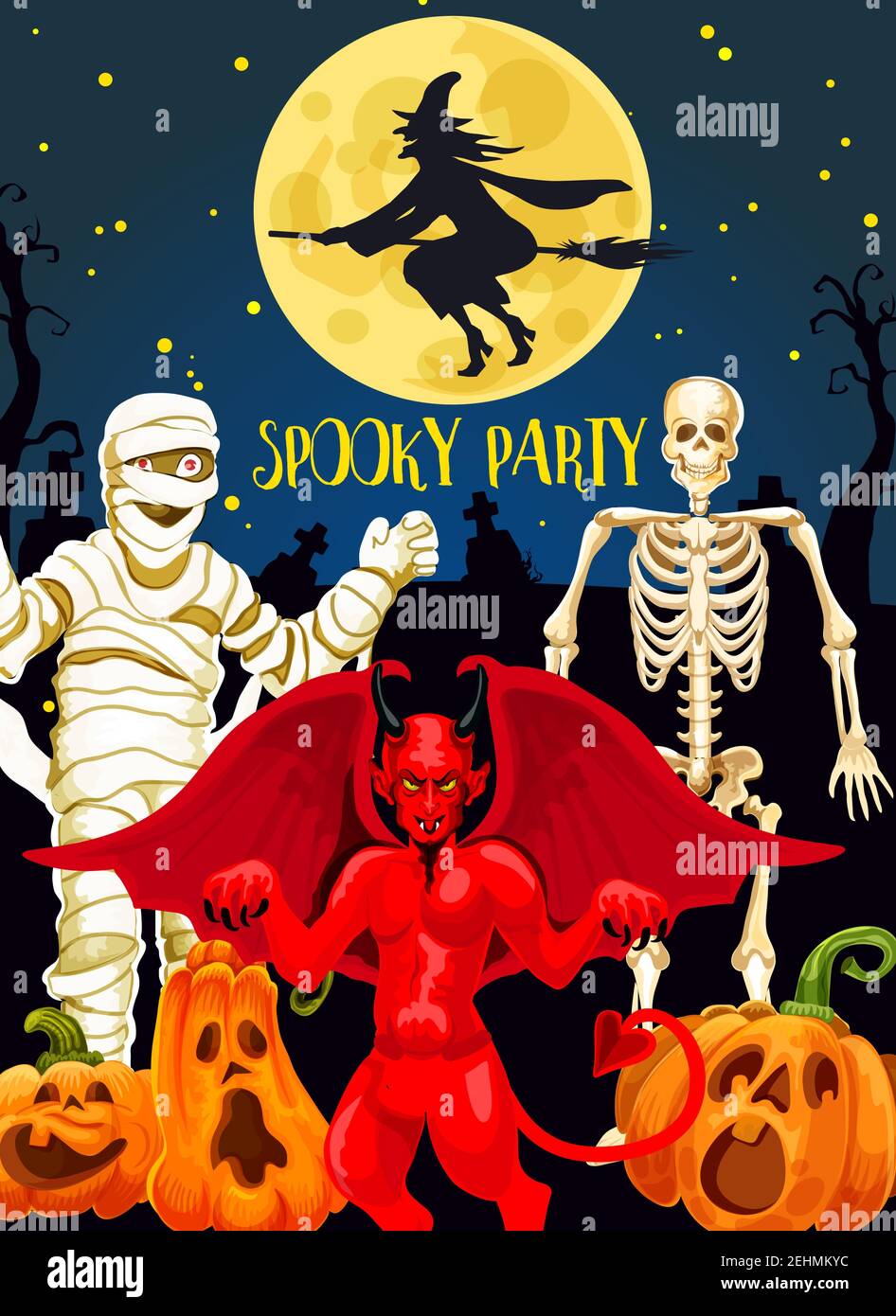 Bannière de fête d'horreur d'Halloween pour les fêtes d'octobre. Squelette effrayant, sorcière volant et momie, démon du diable, lanterne de citrouille, lune et c Illustration de Vecteur