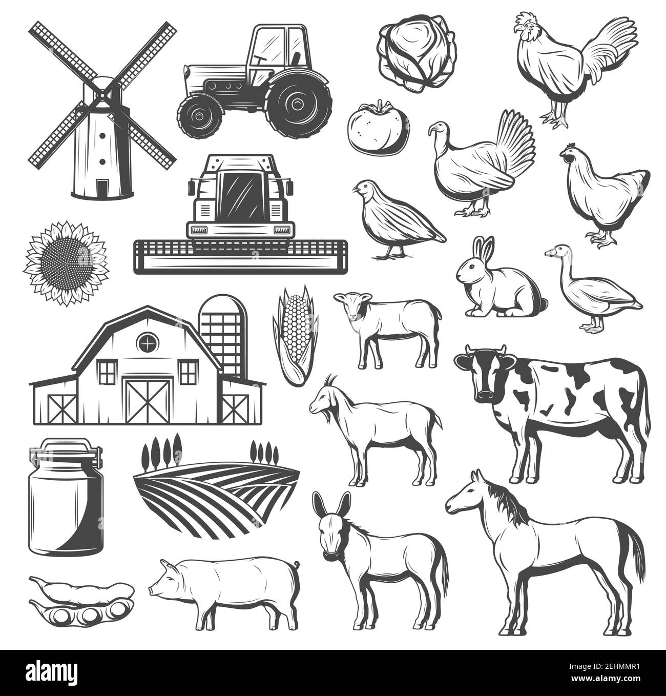 Icônes de l'agriculture, de l'agriculture et du bétail. Tracteur vectoriel, moulin à vent ou grange et champ de culture, animaux de ferme vache et cheval, porc et poulet, dinde, d Illustration de Vecteur