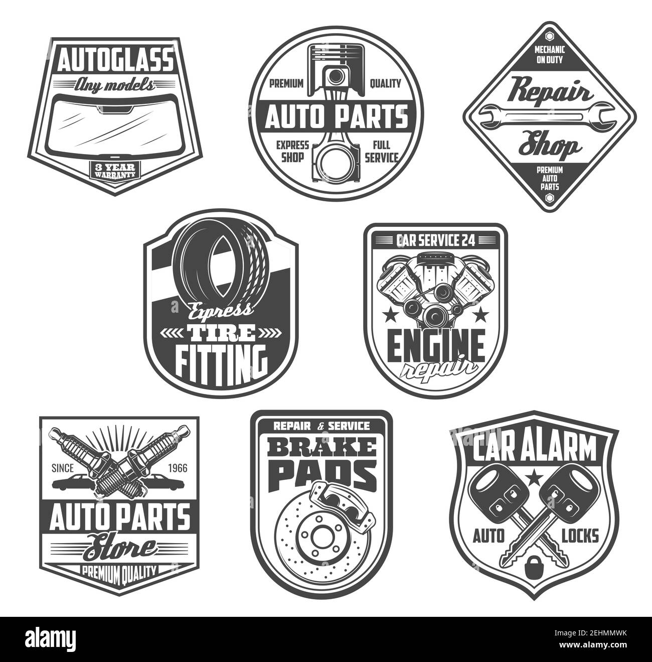 Icônes d'entretien de voiture, de magasin de pièces de rechange automatiques. Pare-brise Vector Autograss, valve du moteur ou clé et clé à douille, station de montage de pneu ou bouchon avec support Illustration de Vecteur