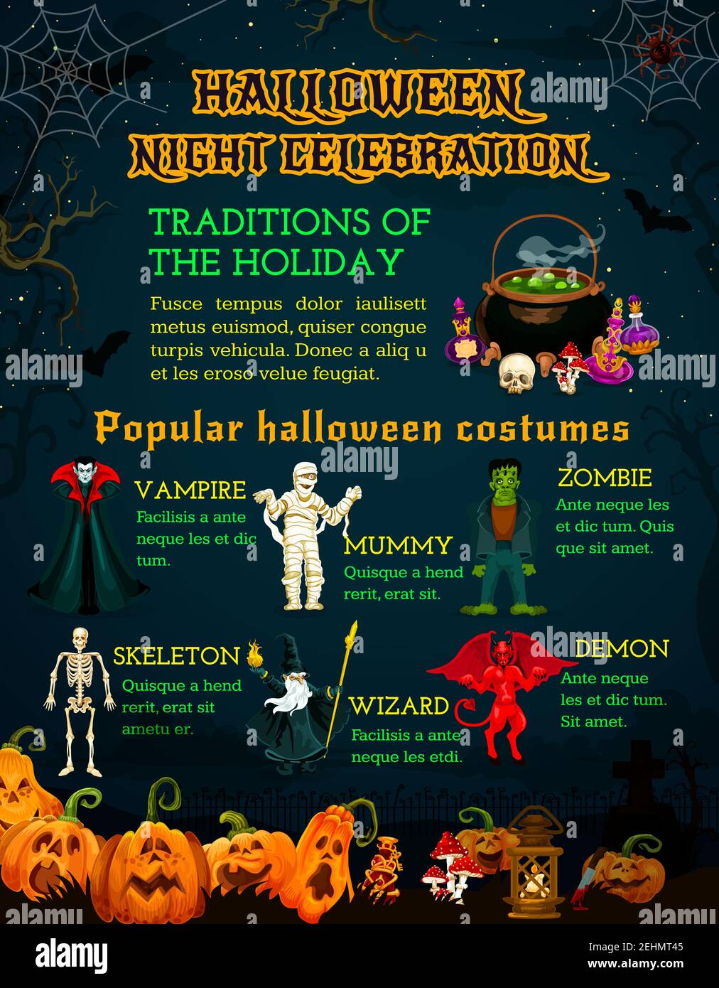 Affiche de la tradition de célébration de la nuit d'Halloween avec monstre d'horreur et citrouille. Octobre vacances lanterne, zombie, squelette et vampire, momie, démon et Illustration de Vecteur