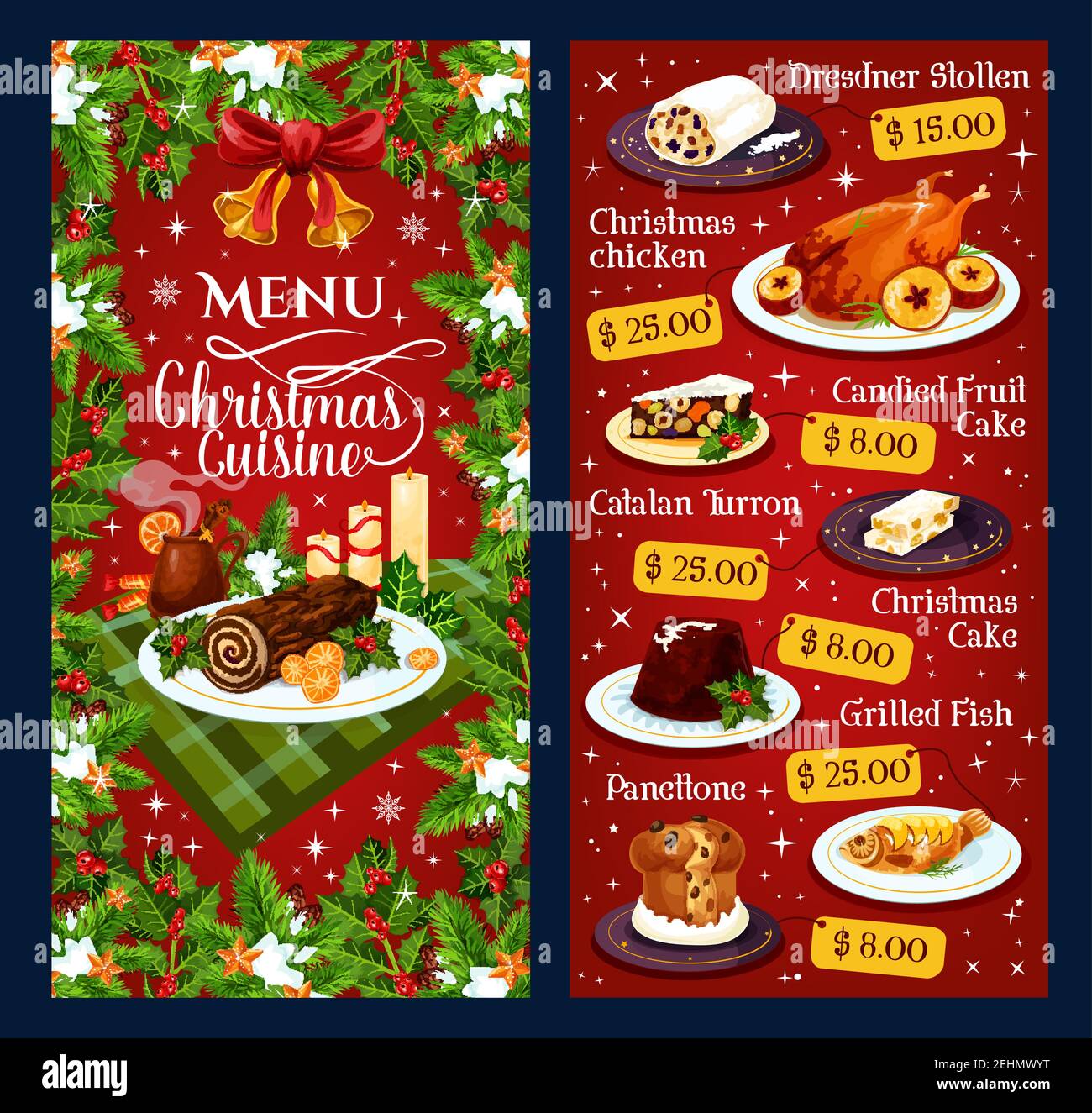 Modèle de menu de la cuisine de Noël pour le dîner au restaurant dessert des fêtes d'hiver. Vector prix Dresdner stollen, poulet de Noël ou poisson grillé an Illustration de Vecteur